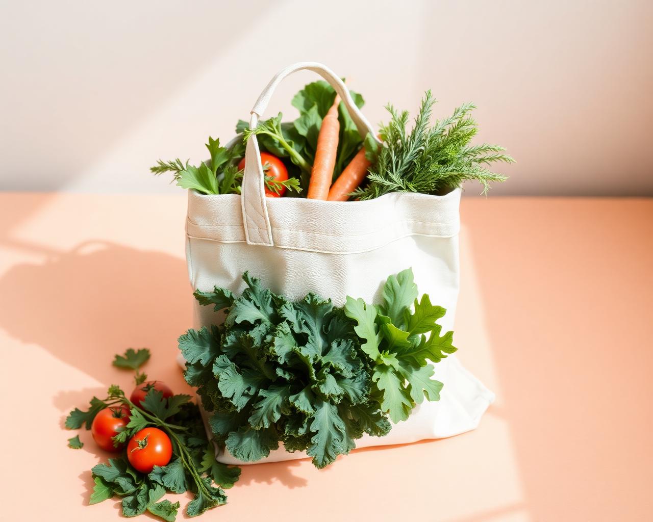 Sacola de compras com hortifruti fresco: folhas, tomates, cenouras e temperos